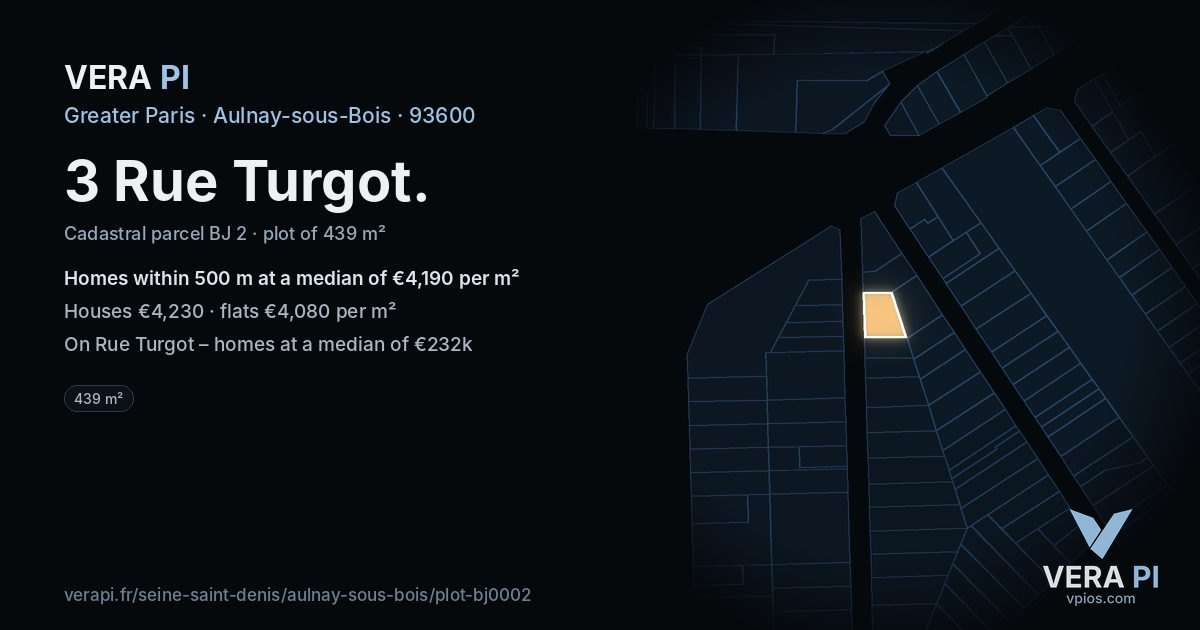 3 Rue Turgot, Aulnay-sous-Bois at night – the plot lit, the parcels around coloured by the prices near them