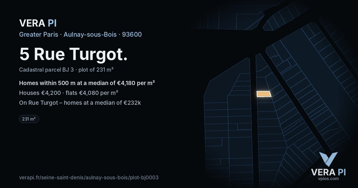 5 Rue Turgot, Aulnay-sous-Bois at night – the plot lit, the parcels around coloured by the prices near them