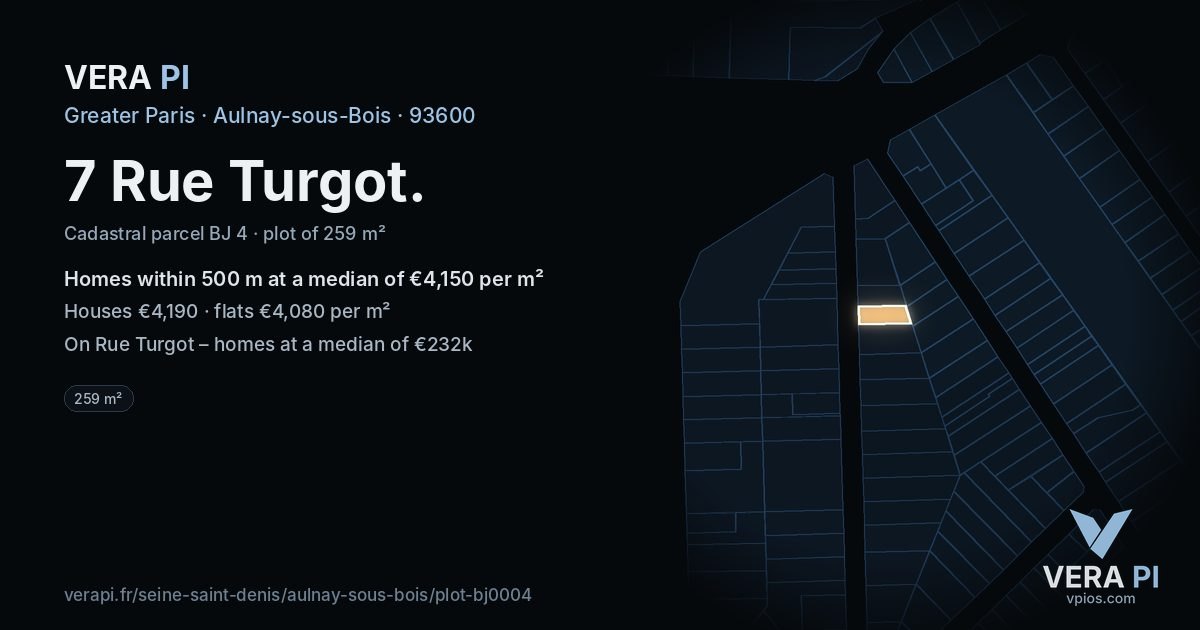 7 Rue Turgot, Aulnay-sous-Bois at night – the plot lit, the parcels around coloured by the prices near them