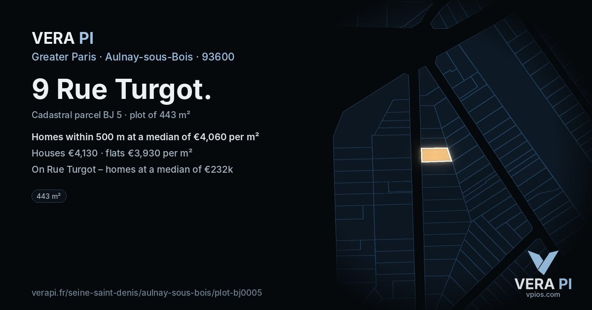 9 Rue Turgot, Aulnay-sous-Bois at night – the plot lit, the parcels around coloured by the prices near them