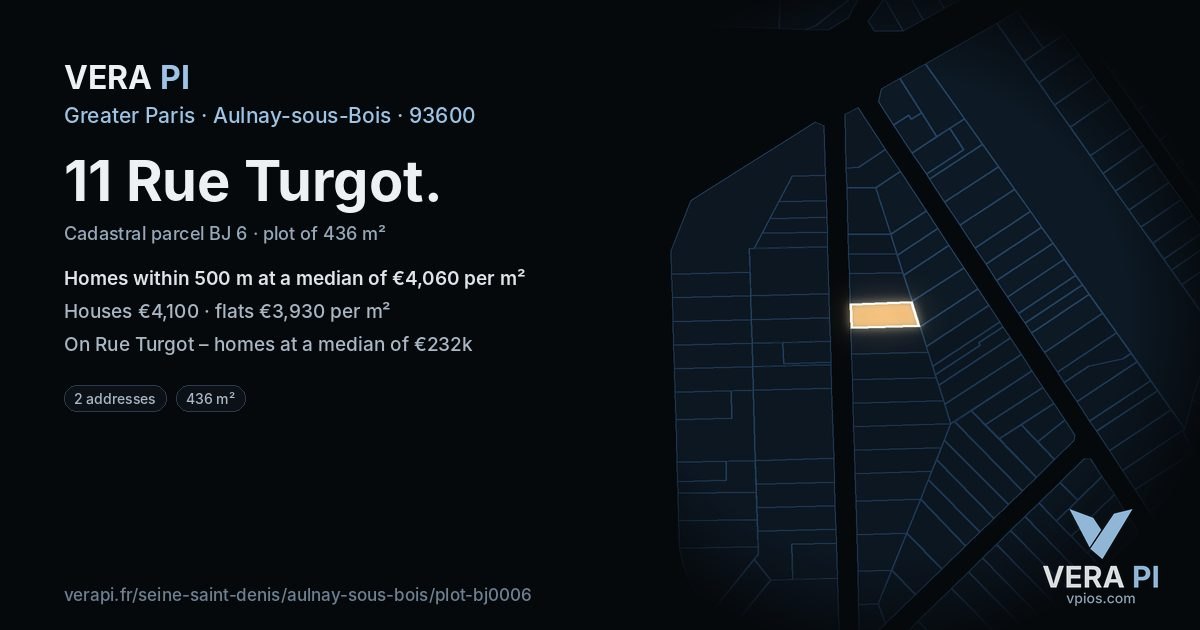 11 Rue Turgot, Aulnay-sous-Bois at night – the plot lit, the parcels around coloured by the prices near them