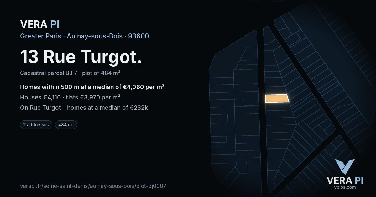 13 Rue Turgot, Aulnay-sous-Bois at night – the plot lit, the parcels around coloured by the prices near them