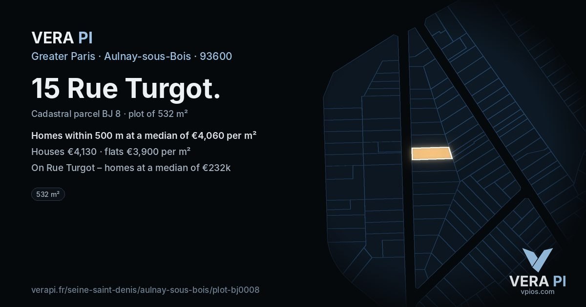 15 Rue Turgot, Aulnay-sous-Bois at night – the plot lit, the parcels around coloured by the prices near them