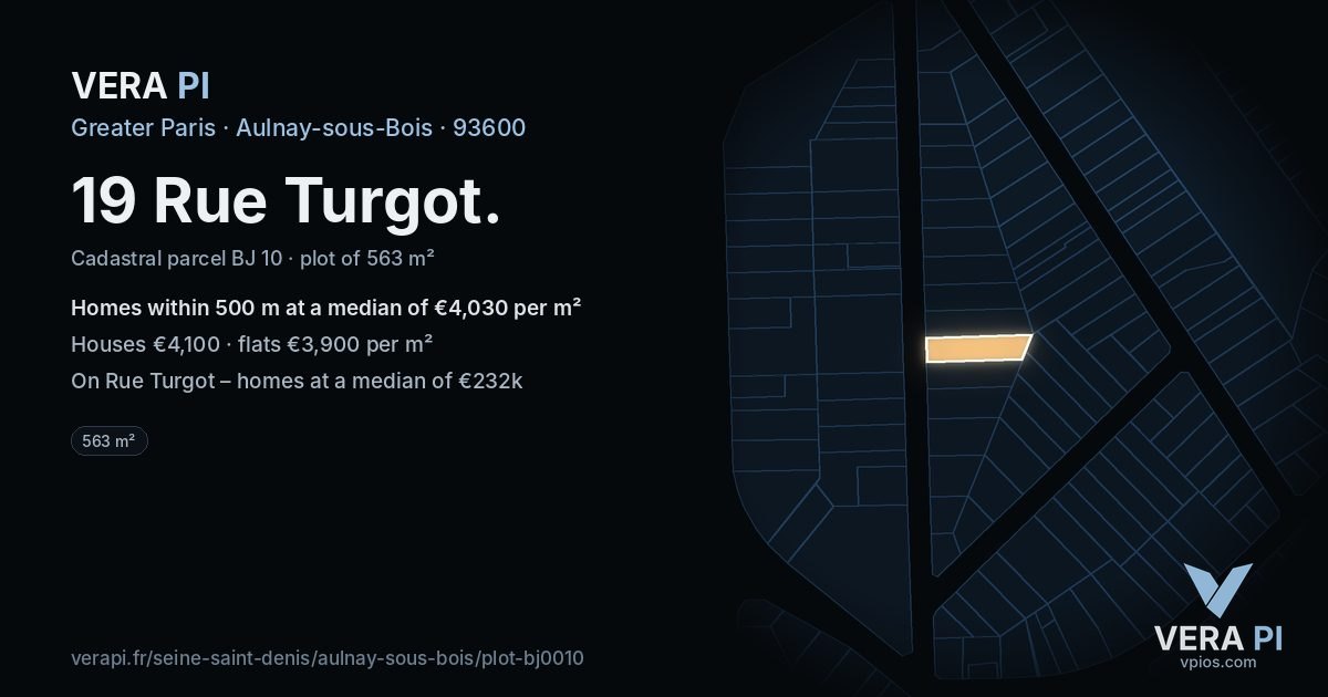 19 Rue Turgot, Aulnay-sous-Bois at night – the plot lit, the parcels around coloured by the prices near them