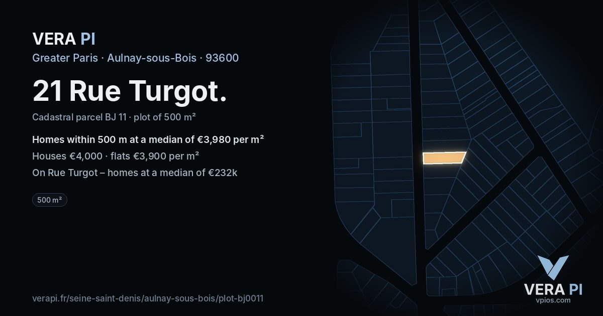 21 Rue Turgot, Aulnay-sous-Bois at night – the plot lit, the parcels around coloured by the prices near them