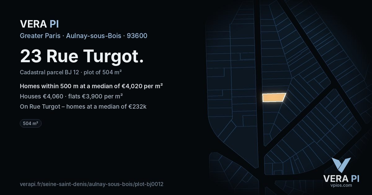 23 Rue Turgot, Aulnay-sous-Bois at night – the plot lit, the parcels around coloured by the prices near them
