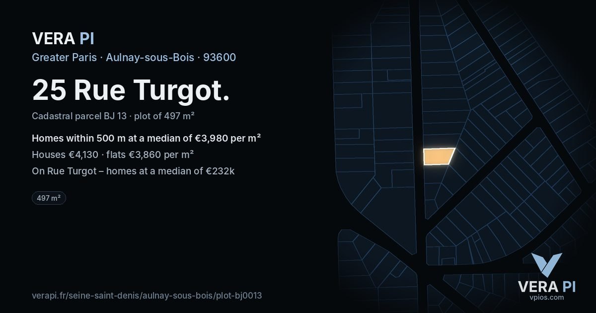 25 Rue Turgot, Aulnay-sous-Bois at night – the plot lit, the parcels around coloured by the prices near them