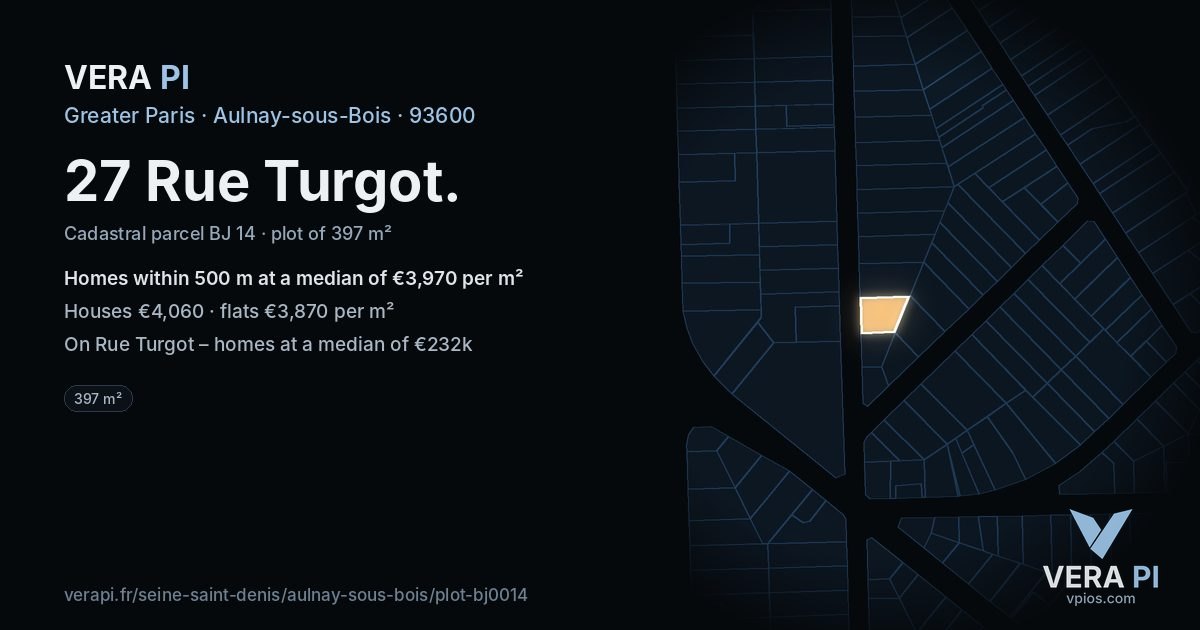 27 Rue Turgot, Aulnay-sous-Bois at night – the plot lit, the parcels around coloured by the prices near them