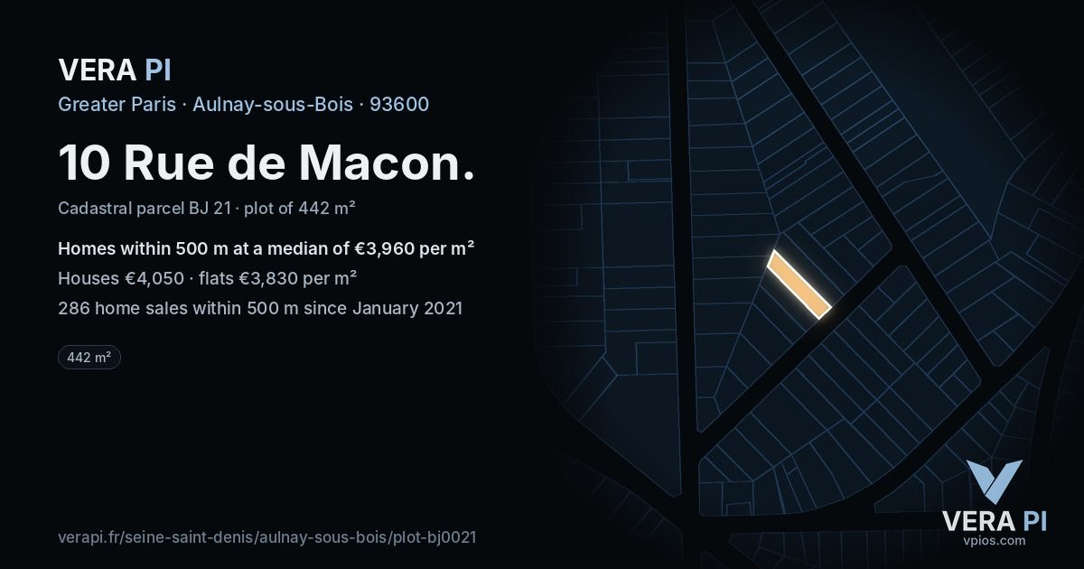 10 Rue de Macon, Aulnay-sous-Bois at night – the plot lit, the parcels around coloured by the prices near them