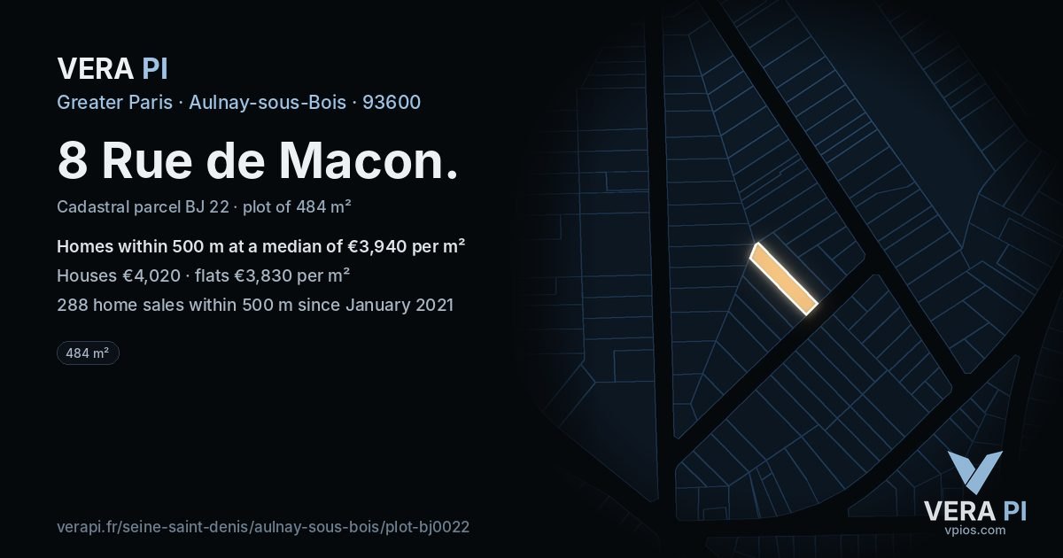 8 Rue de Macon, Aulnay-sous-Bois at night – the plot lit, the parcels around coloured by the prices near them