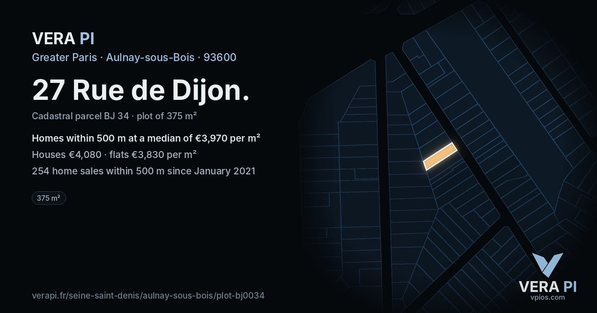27 Rue de Dijon, Aulnay-sous-Bois at night – the plot lit, the parcels around coloured by the prices near them