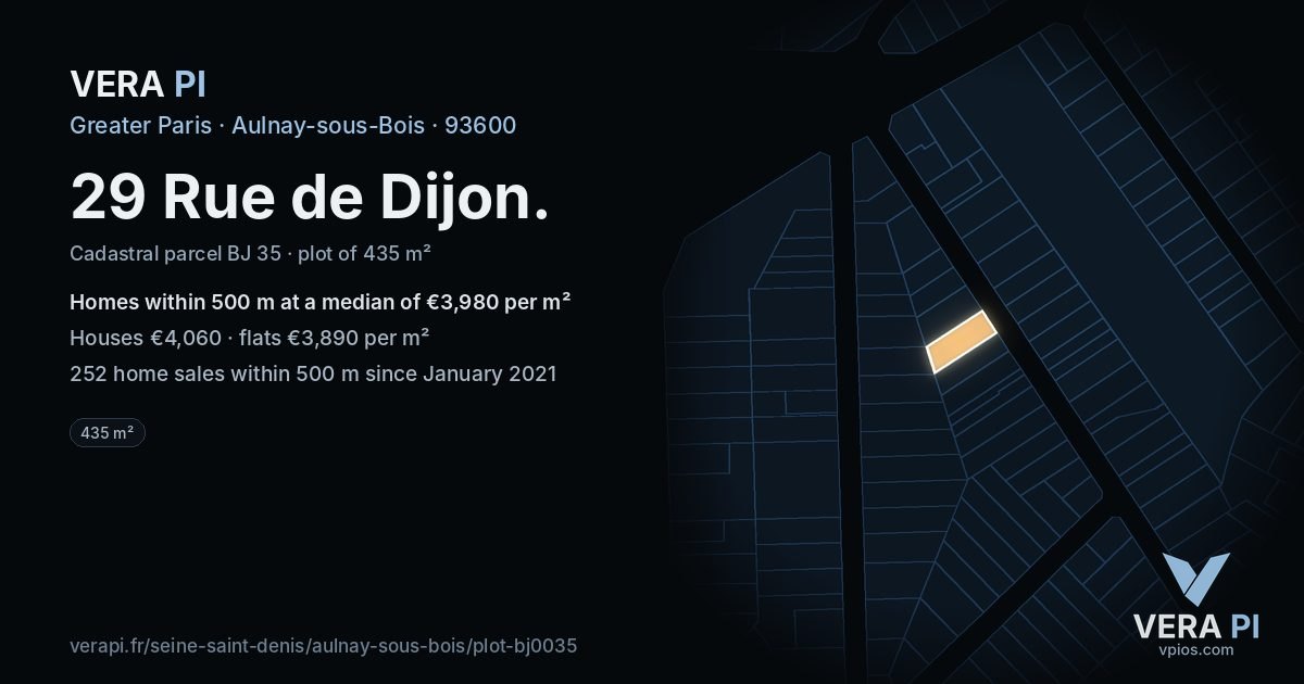 29 Rue de Dijon, Aulnay-sous-Bois at night – the plot lit, the parcels around coloured by the prices near them