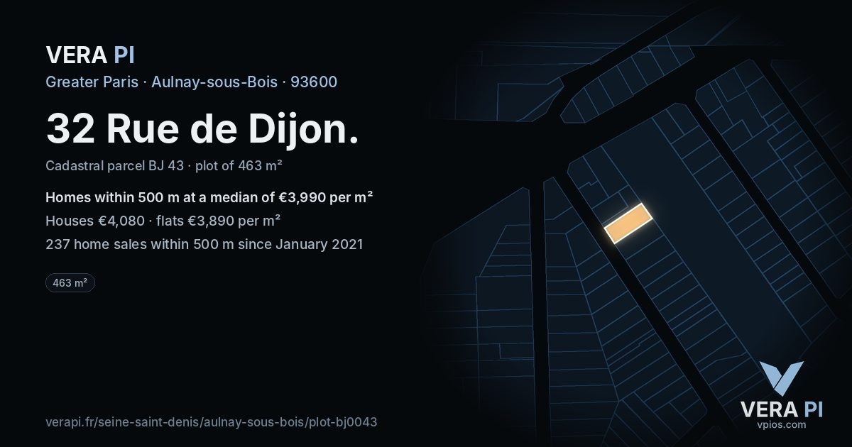 32 Rue de Dijon, Aulnay-sous-Bois at night – the plot lit, the parcels around coloured by the prices near them