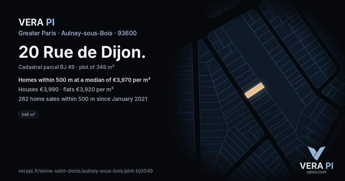 20 Rue de Dijon, Aulnay-sous-Bois at night – the plot lit, the parcels around coloured by the prices near them