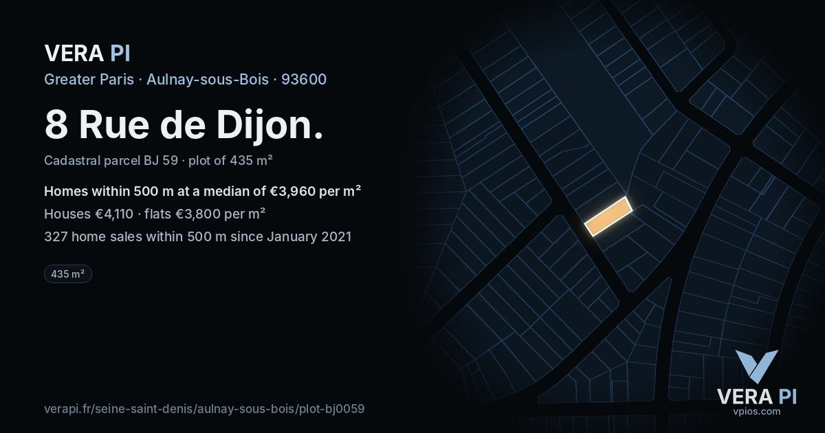 8 Rue de Dijon, Aulnay-sous-Bois at night – the plot lit, the parcels around coloured by the prices near them