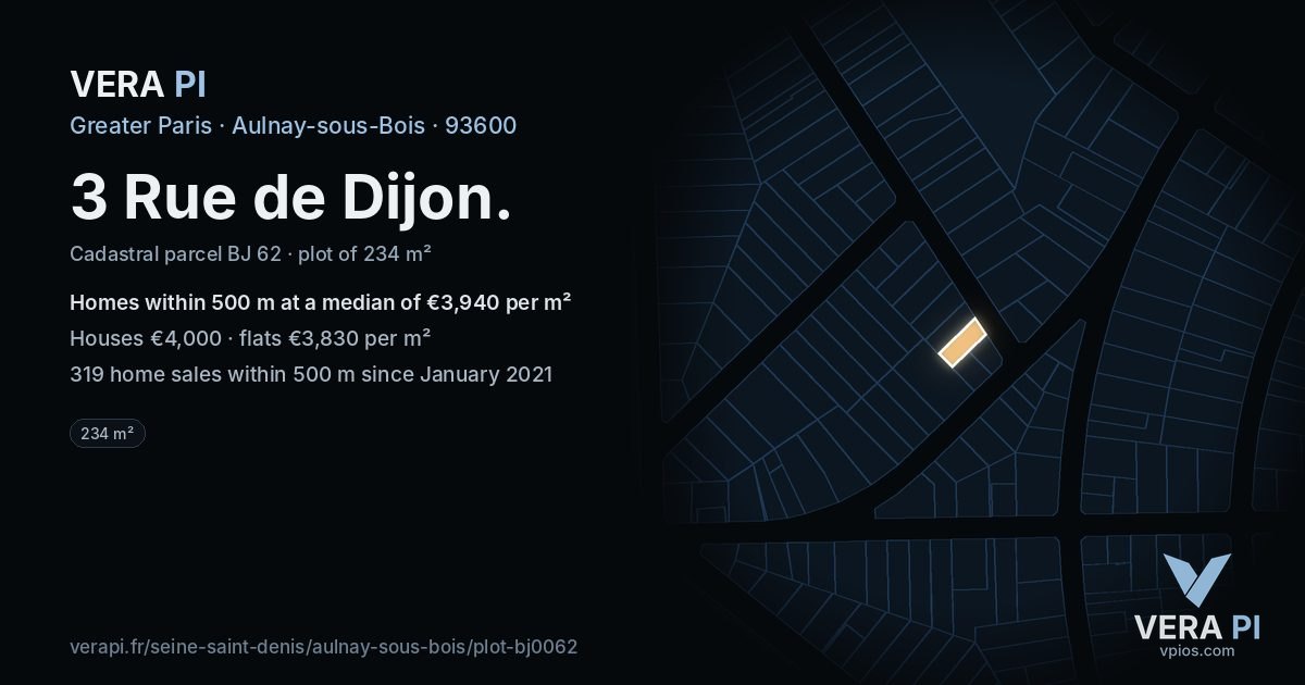 3 Rue de Dijon, Aulnay-sous-Bois at night – the plot lit, the parcels around coloured by the prices near them