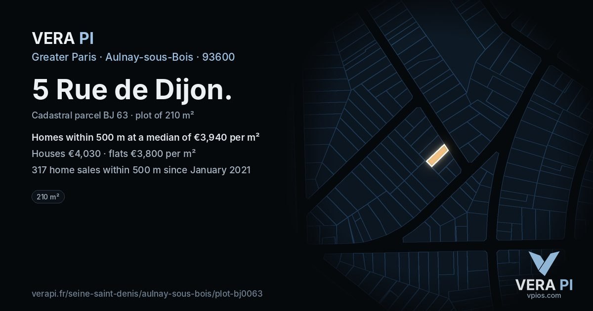 5 Rue de Dijon, Aulnay-sous-Bois at night – the plot lit, the parcels around coloured by the prices near them