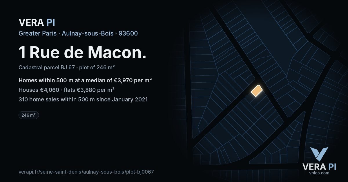1 Rue de Macon, Aulnay-sous-Bois at night – the plot lit, the parcels around coloured by the prices near them