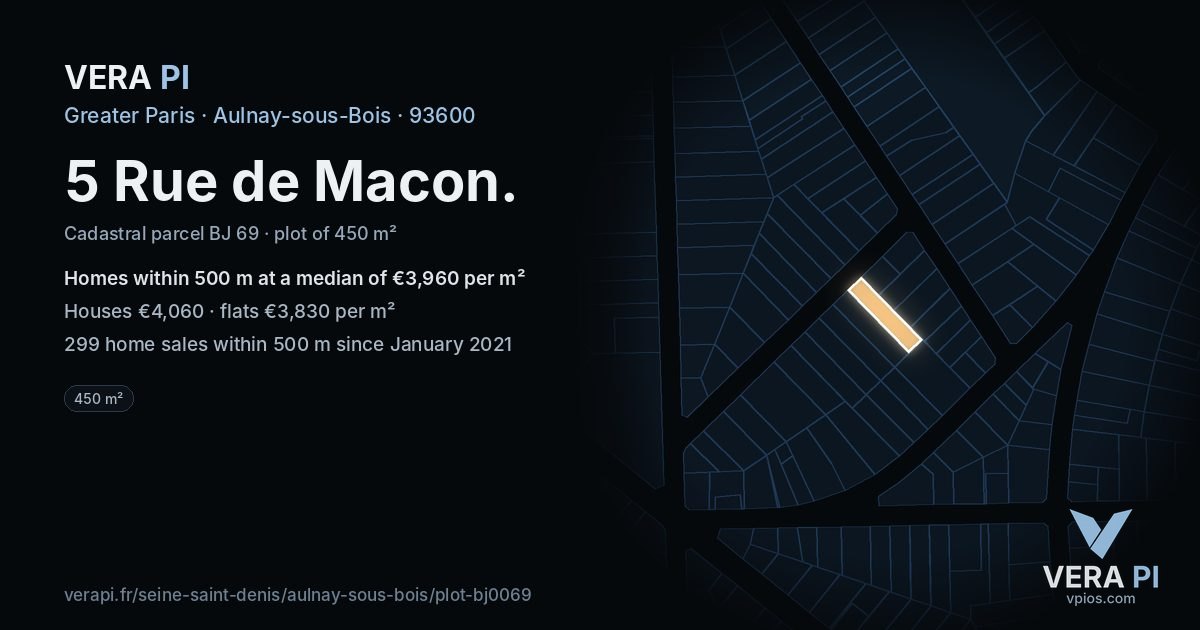 5 Rue de Macon, Aulnay-sous-Bois at night – the plot lit, the parcels around coloured by the prices near them