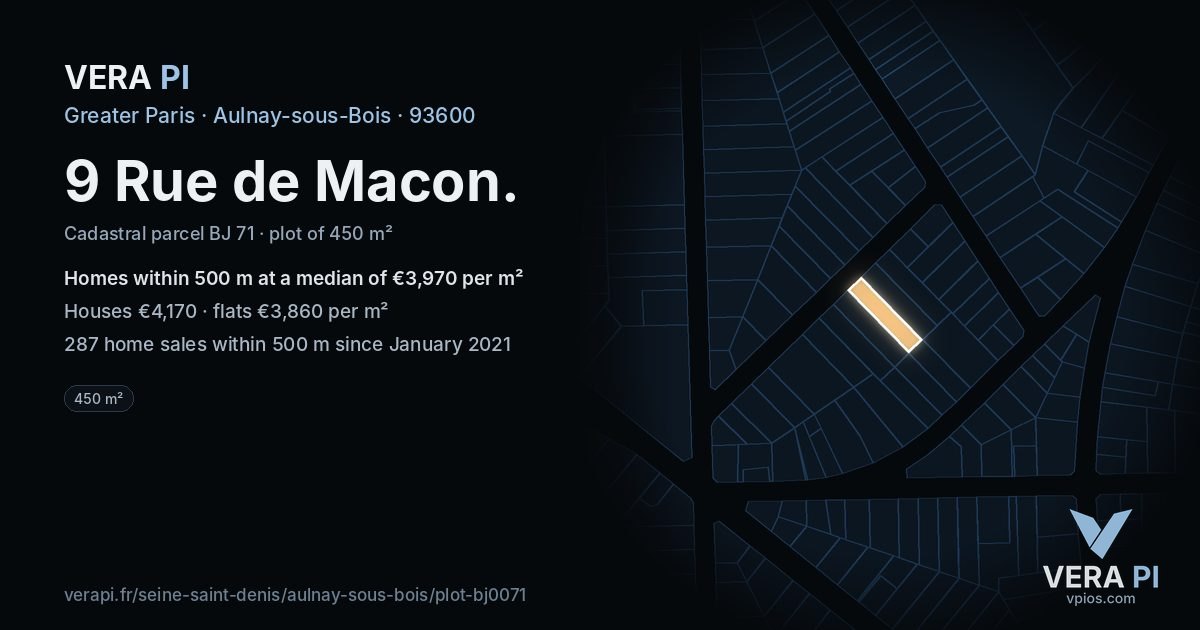 9 Rue de Macon, Aulnay-sous-Bois at night – the plot lit, the parcels around coloured by the prices near them