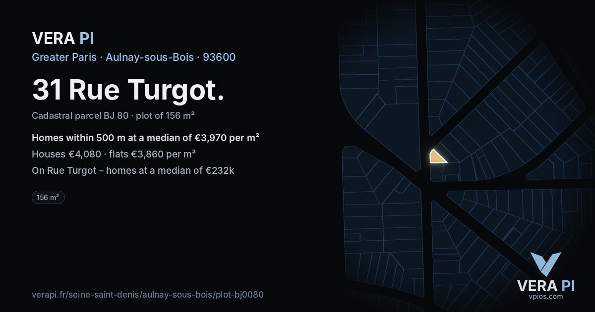 31 Rue Turgot, Aulnay-sous-Bois at night – the plot lit, the parcels around coloured by the prices near them