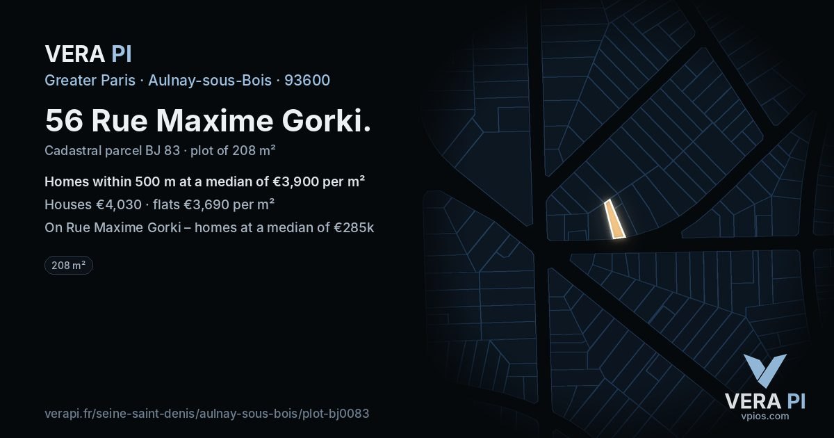 56 Rue Maxime Gorki, Aulnay-sous-Bois at night – the plot lit, the parcels around coloured by the prices near them