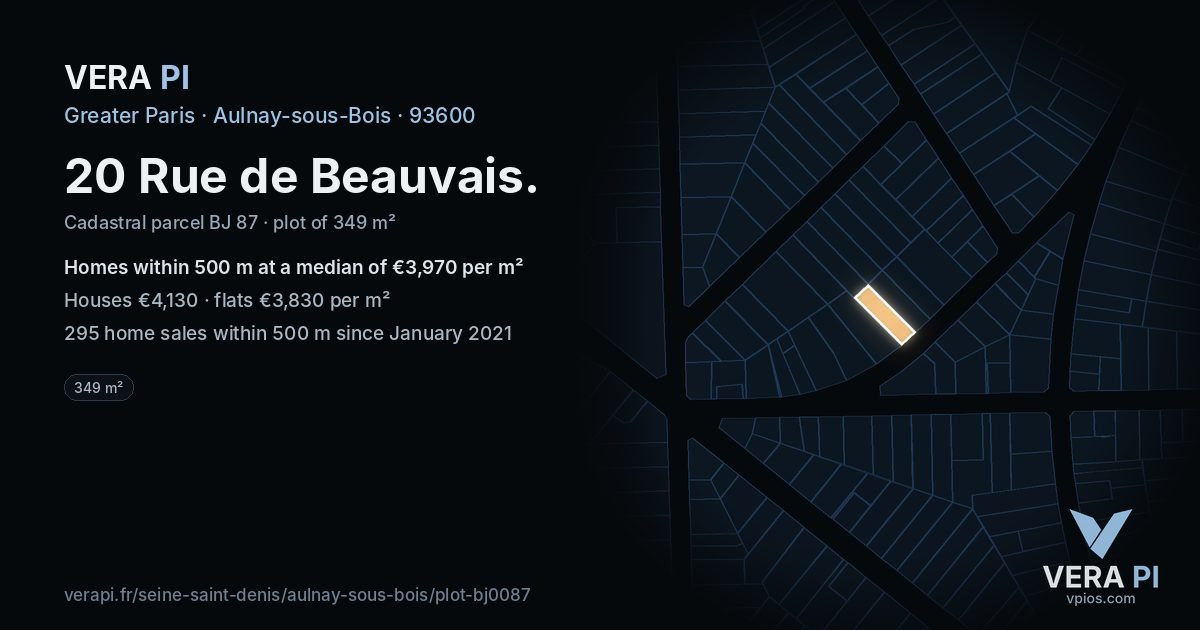 20 Rue de Beauvais, Aulnay-sous-Bois at night – the plot lit, the parcels around coloured by the prices near them