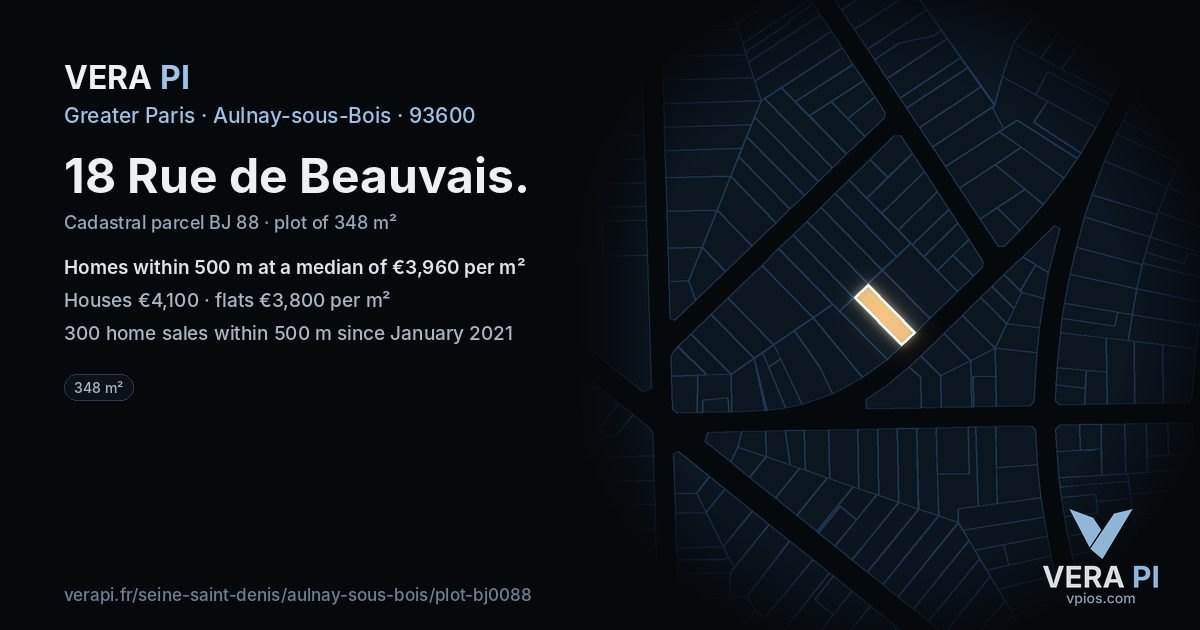 18 Rue de Beauvais, Aulnay-sous-Bois at night – the plot lit, the parcels around coloured by the prices near them