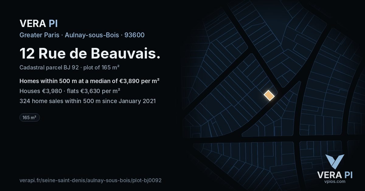 12 Rue de Beauvais, Aulnay-sous-Bois at night – the plot lit, the parcels around coloured by the prices near them