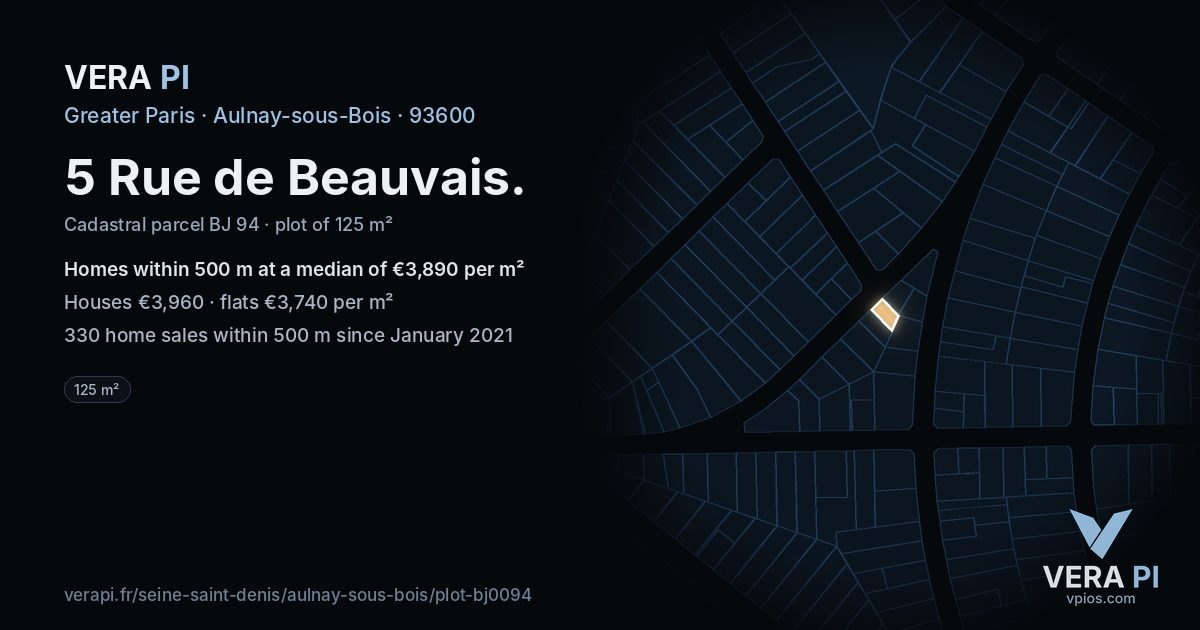 5 Rue de Beauvais, Aulnay-sous-Bois at night – the plot lit, the parcels around coloured by the prices near them