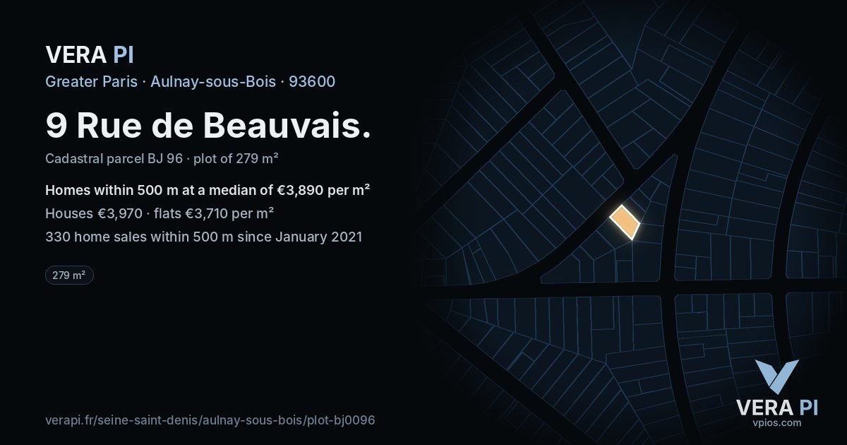 9 Rue de Beauvais, Aulnay-sous-Bois at night – the plot lit, the parcels around coloured by the prices near them