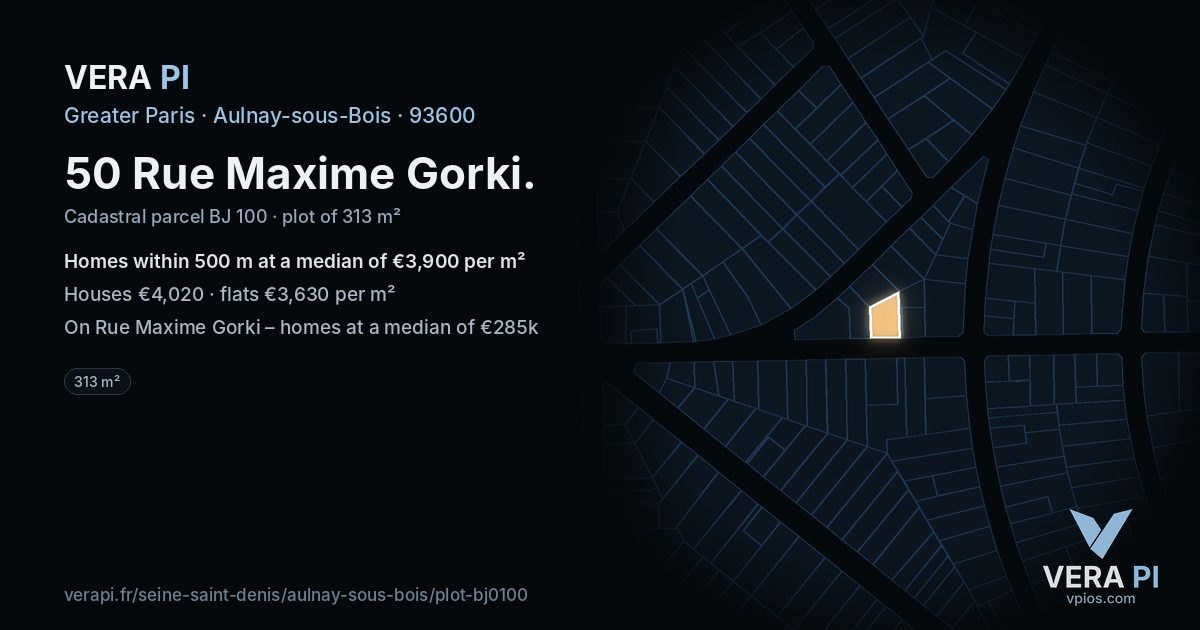 50 Rue Maxime Gorki, Aulnay-sous-Bois at night – the plot lit, the parcels around coloured by the prices near them