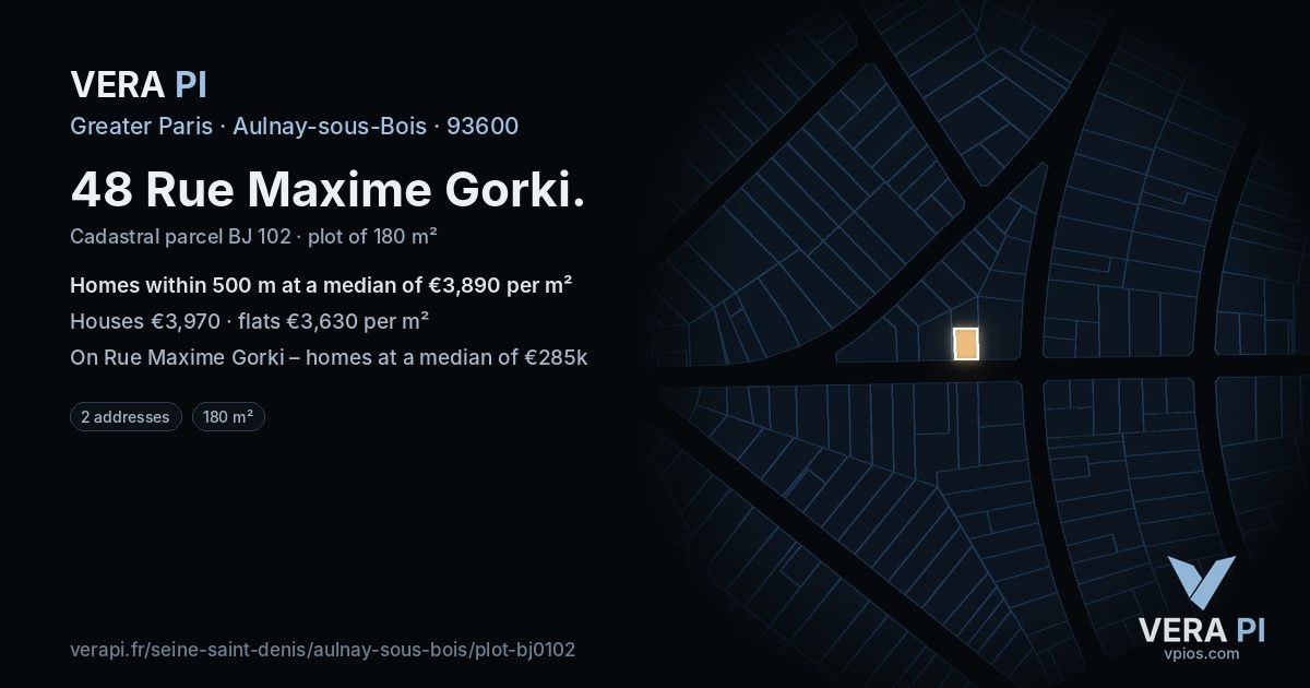 48 Rue Maxime Gorki, Aulnay-sous-Bois at night – the plot lit, the parcels around coloured by the prices near them