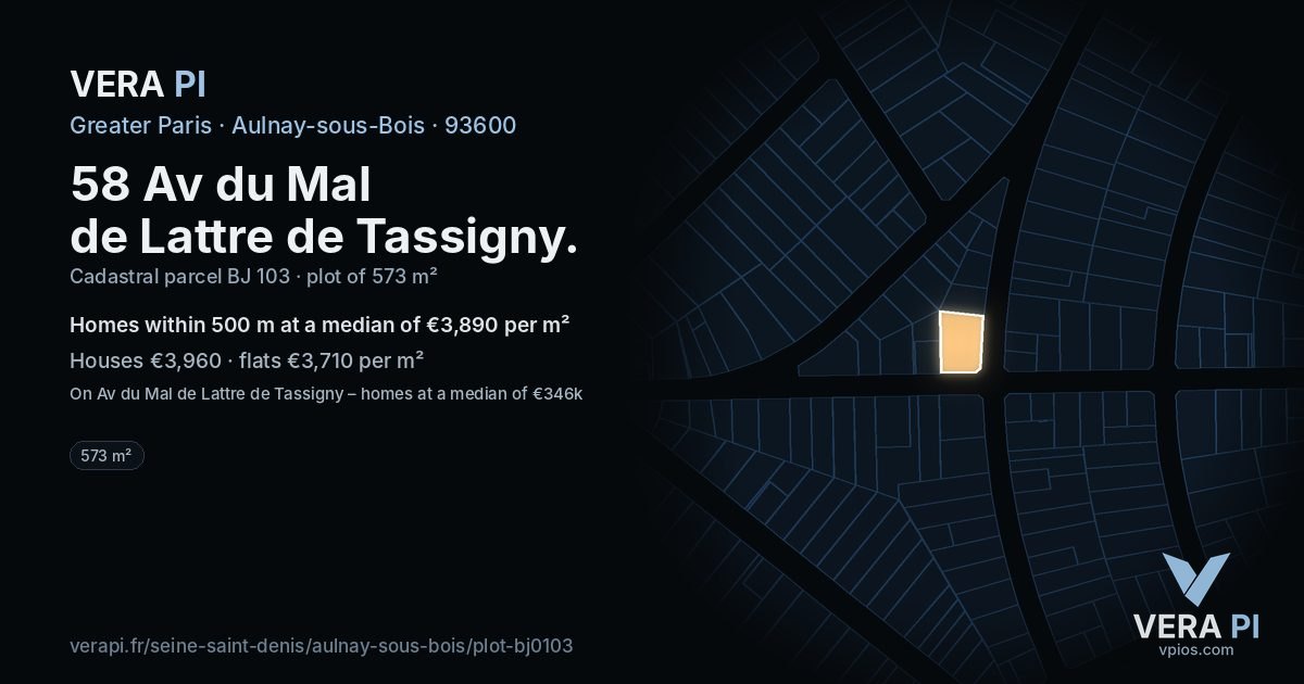58 Av du Mal de Lattre de Tassigny, Aulnay-sous-Bois at night – the plot lit, the parcels around coloured by the prices near them