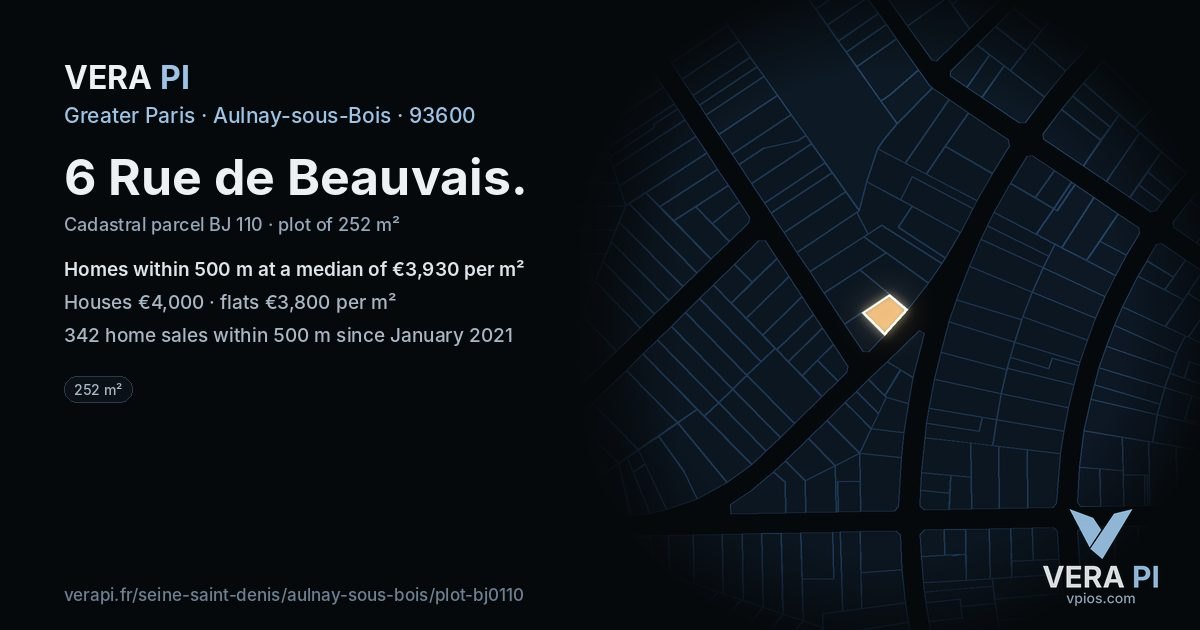 6 Rue de Beauvais, Aulnay-sous-Bois at night – the plot lit, the parcels around coloured by the prices near them