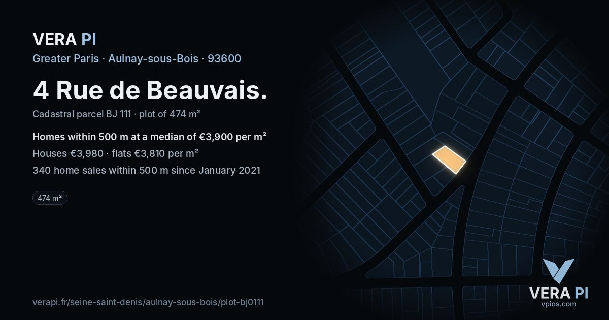 4 Rue de Beauvais, Aulnay-sous-Bois at night – the plot lit, the parcels around coloured by the prices near them