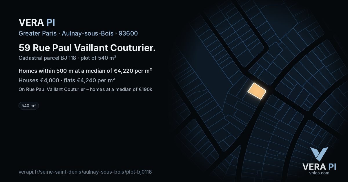 59 Rue Paul Vaillant Couturier, Aulnay-sous-Bois at night – the plot lit, the parcels around coloured by the prices near them