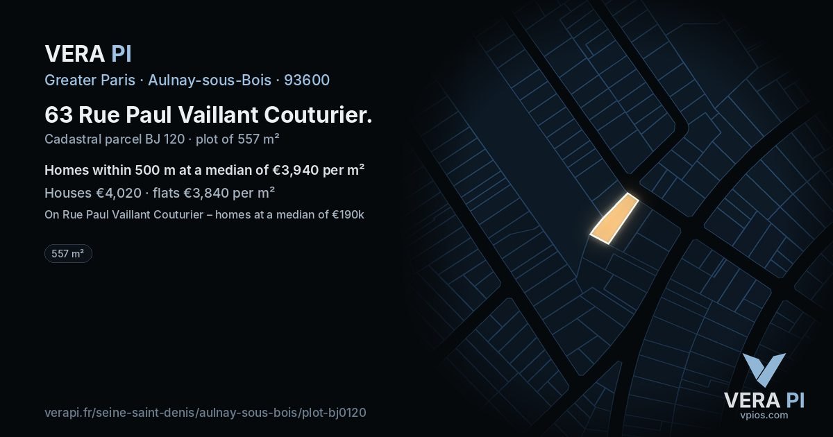 63 Rue Paul Vaillant Couturier, Aulnay-sous-Bois at night – the plot lit, the parcels around coloured by the prices near them