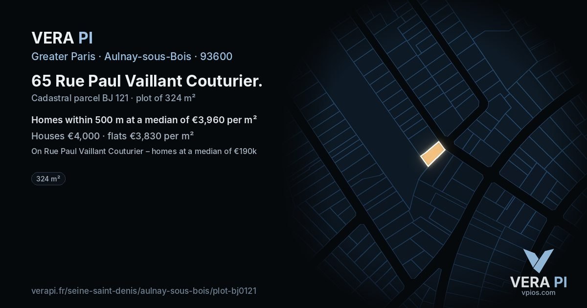 65 Rue Paul Vaillant Couturier, Aulnay-sous-Bois at night – the plot lit, the parcels around coloured by the prices near them