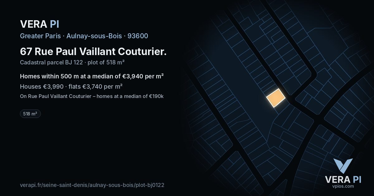 67 Rue Paul Vaillant Couturier, Aulnay-sous-Bois at night – the plot lit, the parcels around coloured by the prices near them