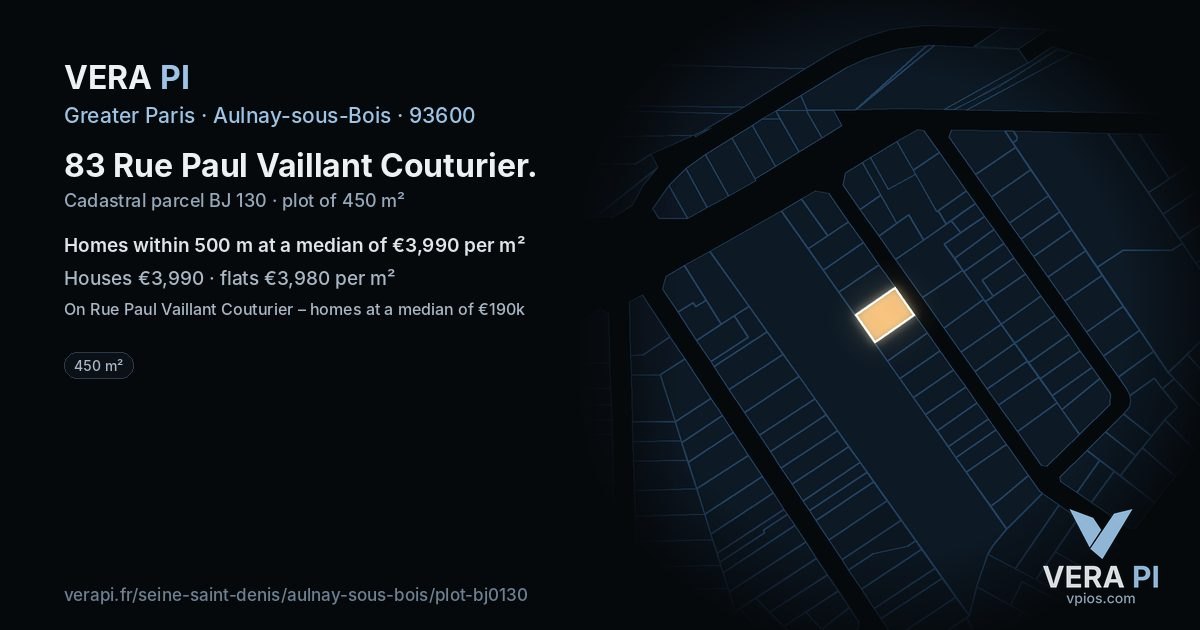 83 Rue Paul Vaillant Couturier, Aulnay-sous-Bois at night – the plot lit, the parcels around coloured by the prices near them