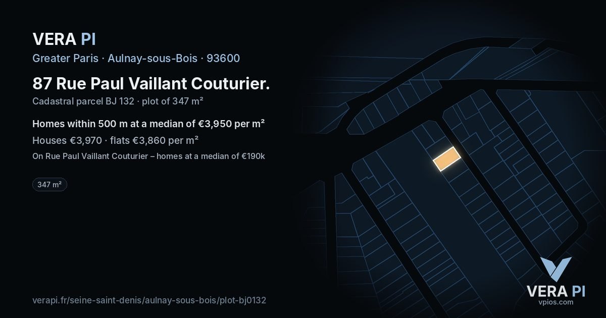 87 Rue Paul Vaillant Couturier, Aulnay-sous-Bois at night – the plot lit, the parcels around coloured by the prices near them