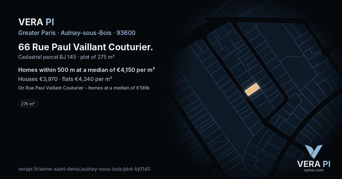 66 Rue Paul Vaillant Couturier, Aulnay-sous-Bois at night – the plot lit, the parcels around coloured by the prices near them