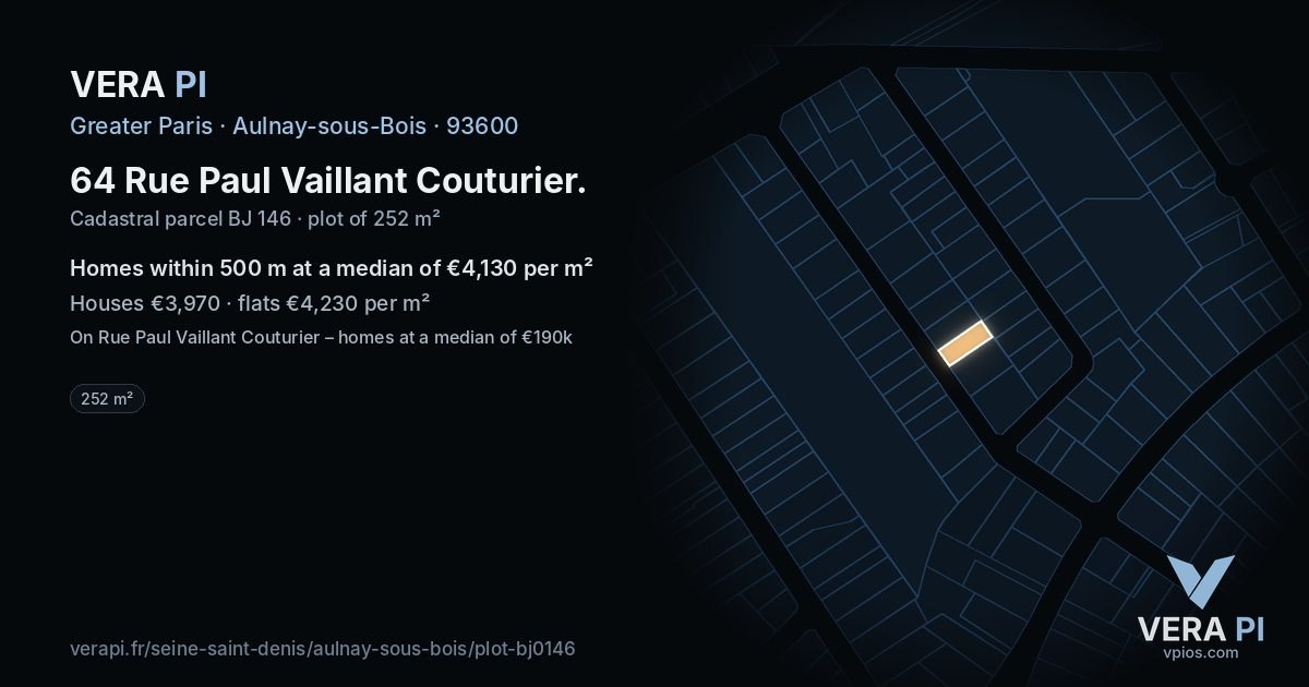 64 Rue Paul Vaillant Couturier, Aulnay-sous-Bois at night – the plot lit, the parcels around coloured by the prices near them