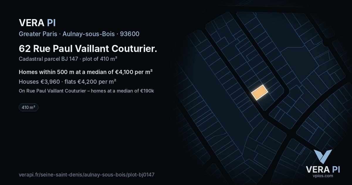 62 Rue Paul Vaillant Couturier, Aulnay-sous-Bois at night – the plot lit, the parcels around coloured by the prices near them