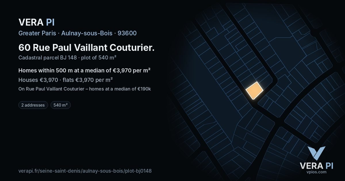 60 Rue Paul Vaillant Couturier, Aulnay-sous-Bois at night – the plot lit, the parcels around coloured by the prices near them