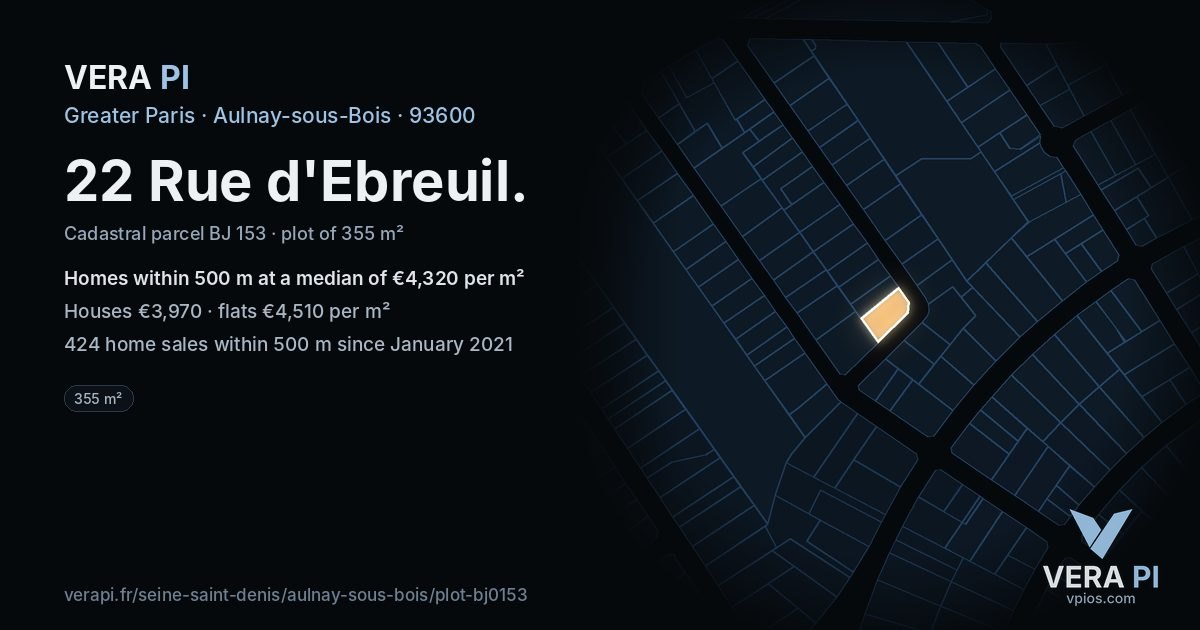 22 Rue d'Ebreuil, Aulnay-sous-Bois at night – the plot lit, the parcels around coloured by the prices near them