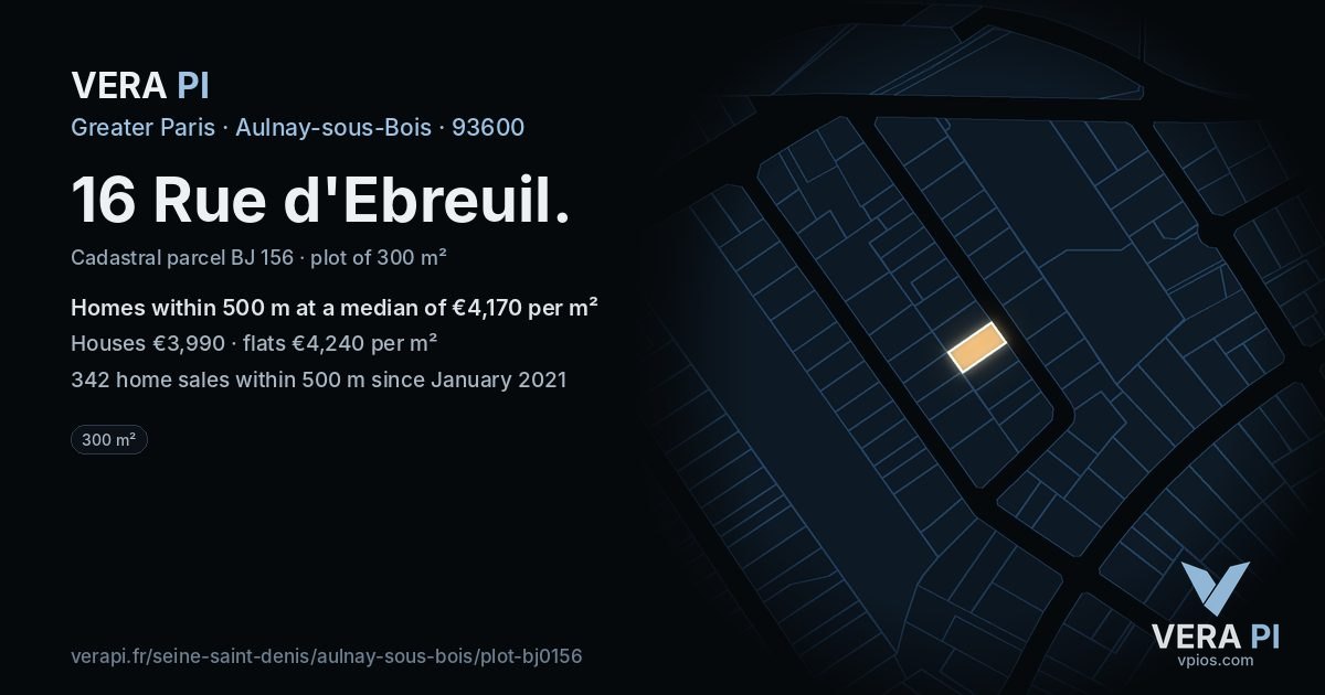 16 Rue d'Ebreuil, Aulnay-sous-Bois at night – the plot lit, the parcels around coloured by the prices near them