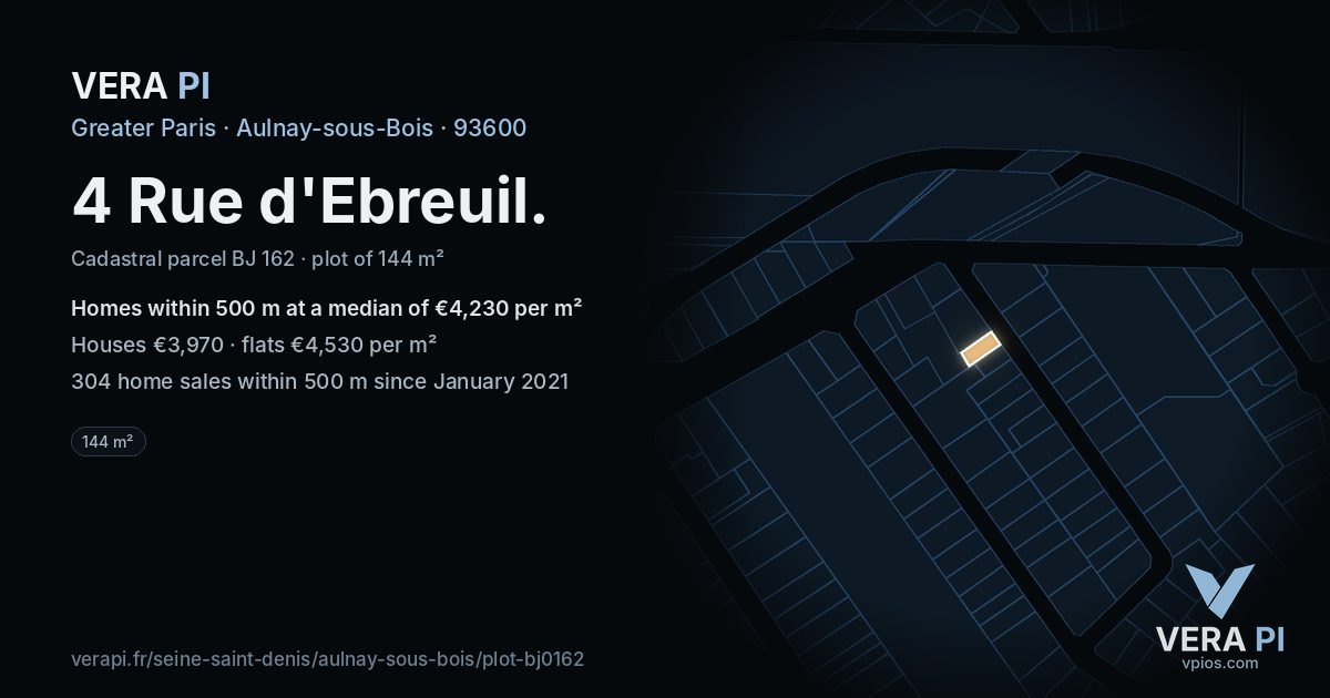 4 Rue d'Ebreuil, Aulnay-sous-Bois at night – the plot lit, the parcels around coloured by the prices near them