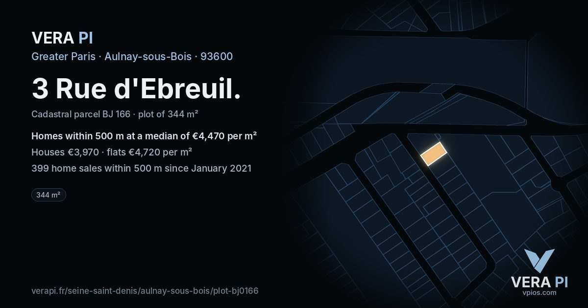 3 Rue d'Ebreuil, Aulnay-sous-Bois at night – the plot lit, the parcels around coloured by the prices near them